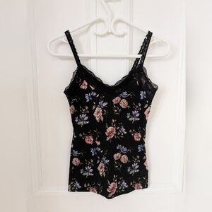 Ardene Black Floral Lace Trim Camisole - Pink & Blue Flowers